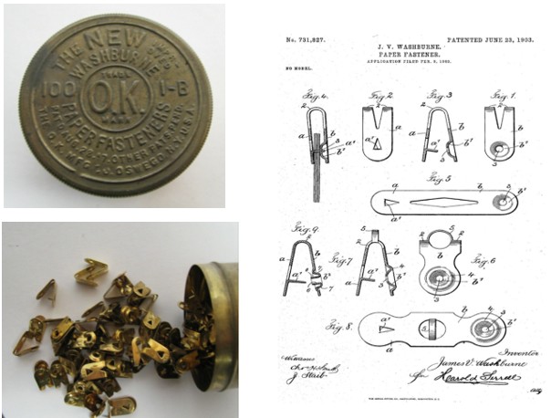 An antique metal container labeled 'The New Washburne Paper Fasteners' with the number '100' and 'I-B' embossed on it.