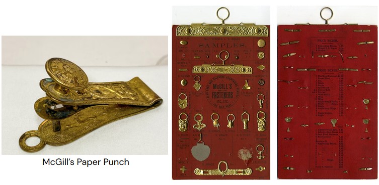 McGill's paper punch with ornate design on the handle, displayed alongside two sample boards of fasteners.